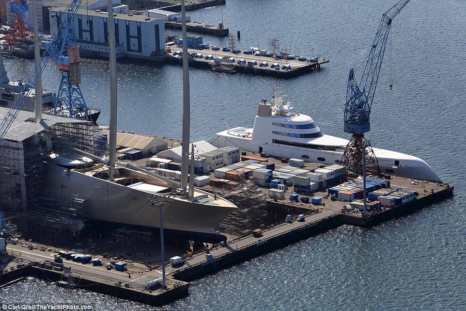 Pictured together: The £225million Motor Yacht A (bottom right) is not quite sufficient for her Russian billionaire owner Andrey Melnichenko, who is now upgrading to an even more extraordinary £260million boat called Sailing Yacht A (left)