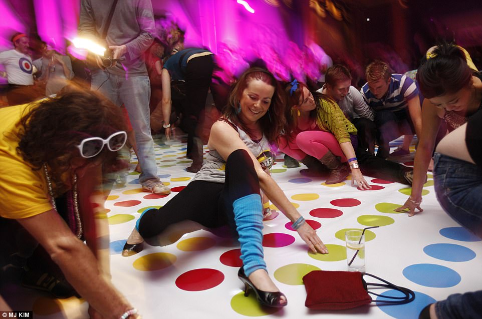 After Twister appeared on the Tonight Show,  Milton Bradley could barely keep up with demand (pictured, 652 singles set UK record for biggest game of Twister in 2008) 