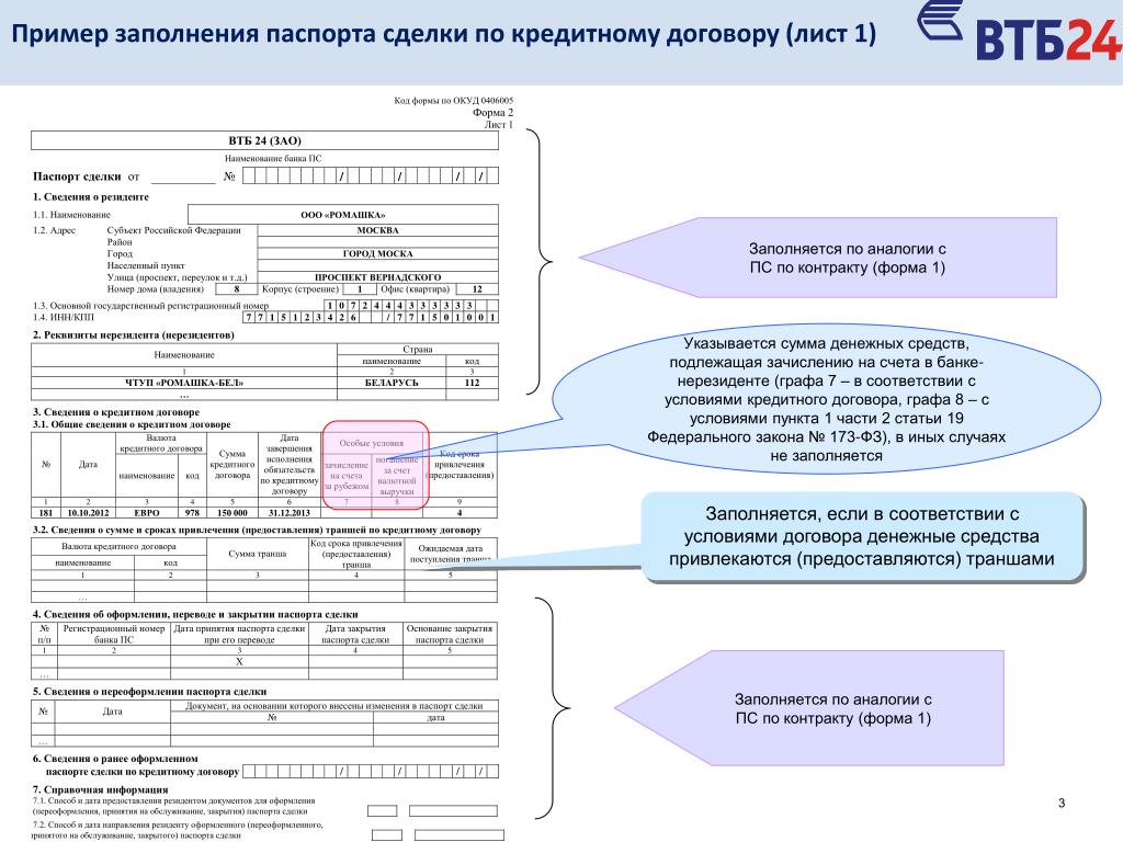 Паспорт сделки образец заполнения