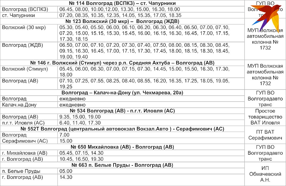 Расписание автобусов и маршруток Волгоградской области на май 2020 