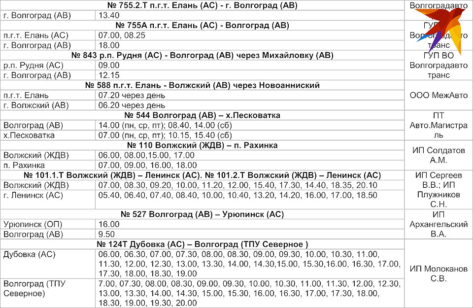 Расписание автобусов и маршруток Волгоградской области на май 2020 