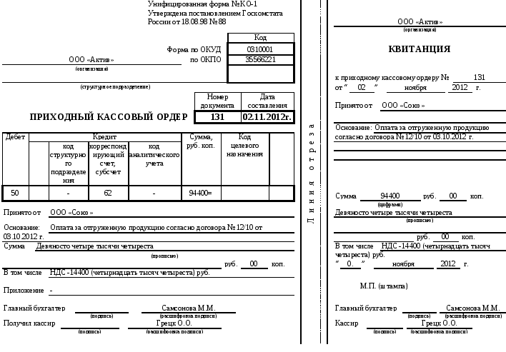 Валютный кассовый ордер образец